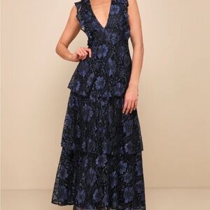 Molinetto Navy Blue Lace Ruffled Tiered Sleeveless Maxi Dress Lulus